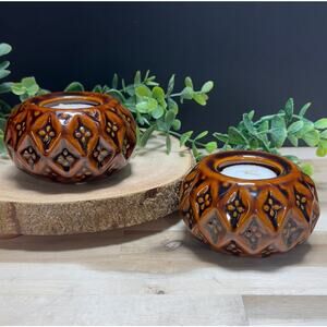 Vintage Brown Drip Glaze Ceramic Tealight Candle Holders Set of 2 Geometric MCM